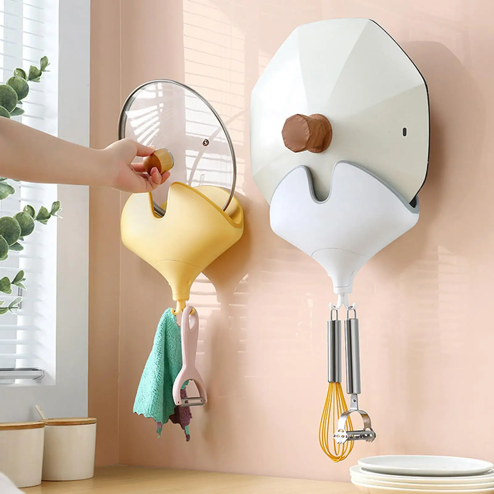 No Drilling Pot Lid Holder Wall Mounted Pan Cover Rack With Hook Multifunctional Pan Lid Holder With Removable Drip Tray