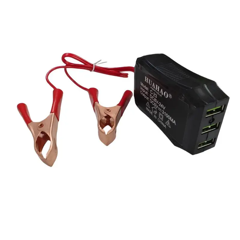 Universal Battery Clip Charger 12V 24V to 5V 3 USB Charging Ports for Phone Laptop Vehicle Repair Use