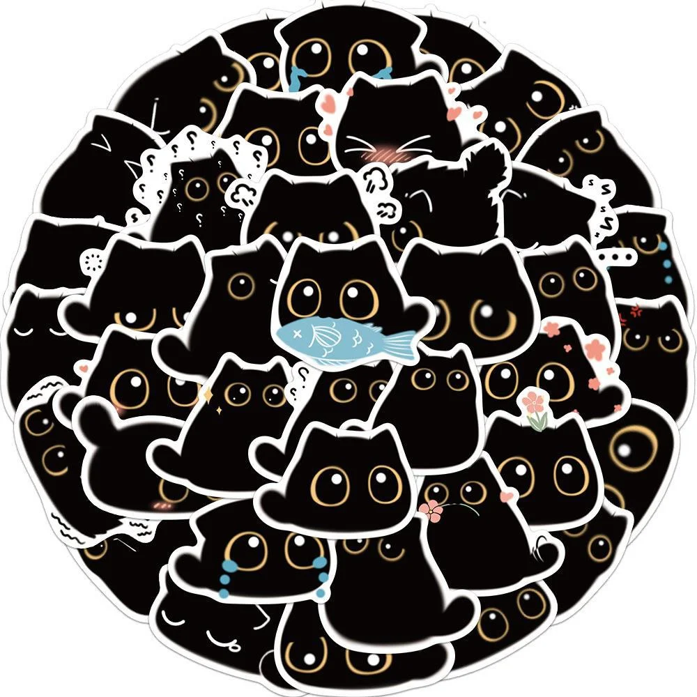 10/30/50PCS Cartoon Cute Black Cat PersonalityCreative Sticker Desk GuitarComputer Refrigerator Car Waterproof Sticker Wholesale