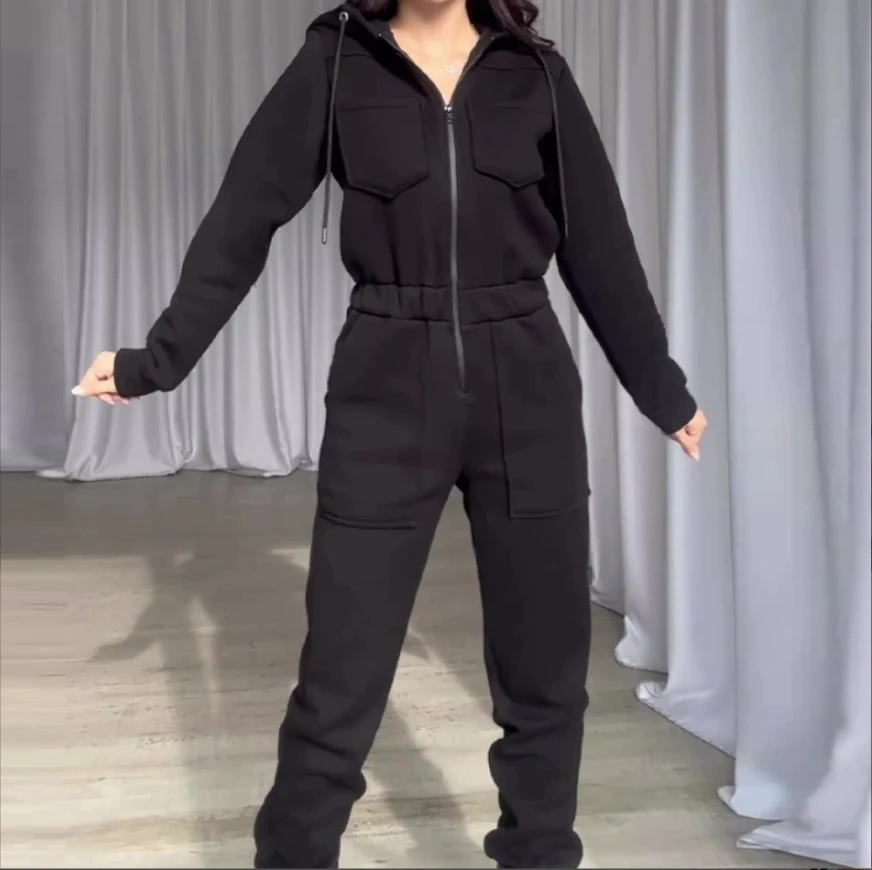 

Solid color hooded zipper waistband jumpsuit