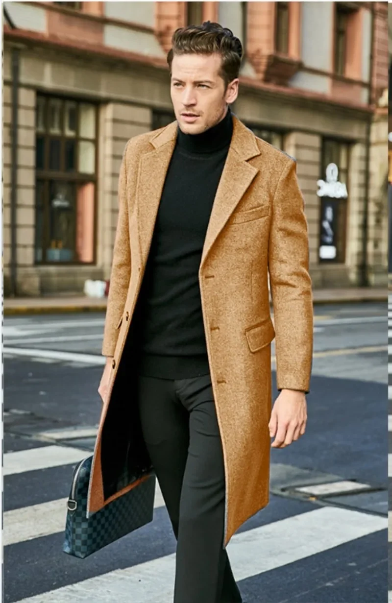 2024 Men's British Style Long Men's Woollen Coat Fall/winter Coat Trend