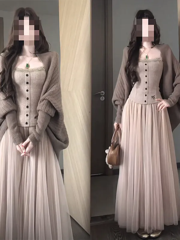 Autumn Early Knitted Cardigan Strap Half Skirt Set Women's Style 2026 New Model Complete Matching Female Fashion Ensemble