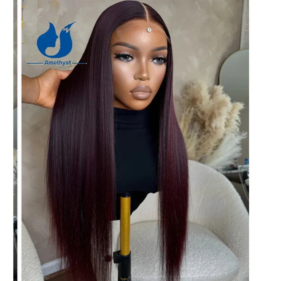 Long Burgundy Straight 5.5x4.5PU Silk Base Lace Closure Wig Brazilian Remy Hair for Women 13x6 Lace Front Wig Pre Plucked 99J