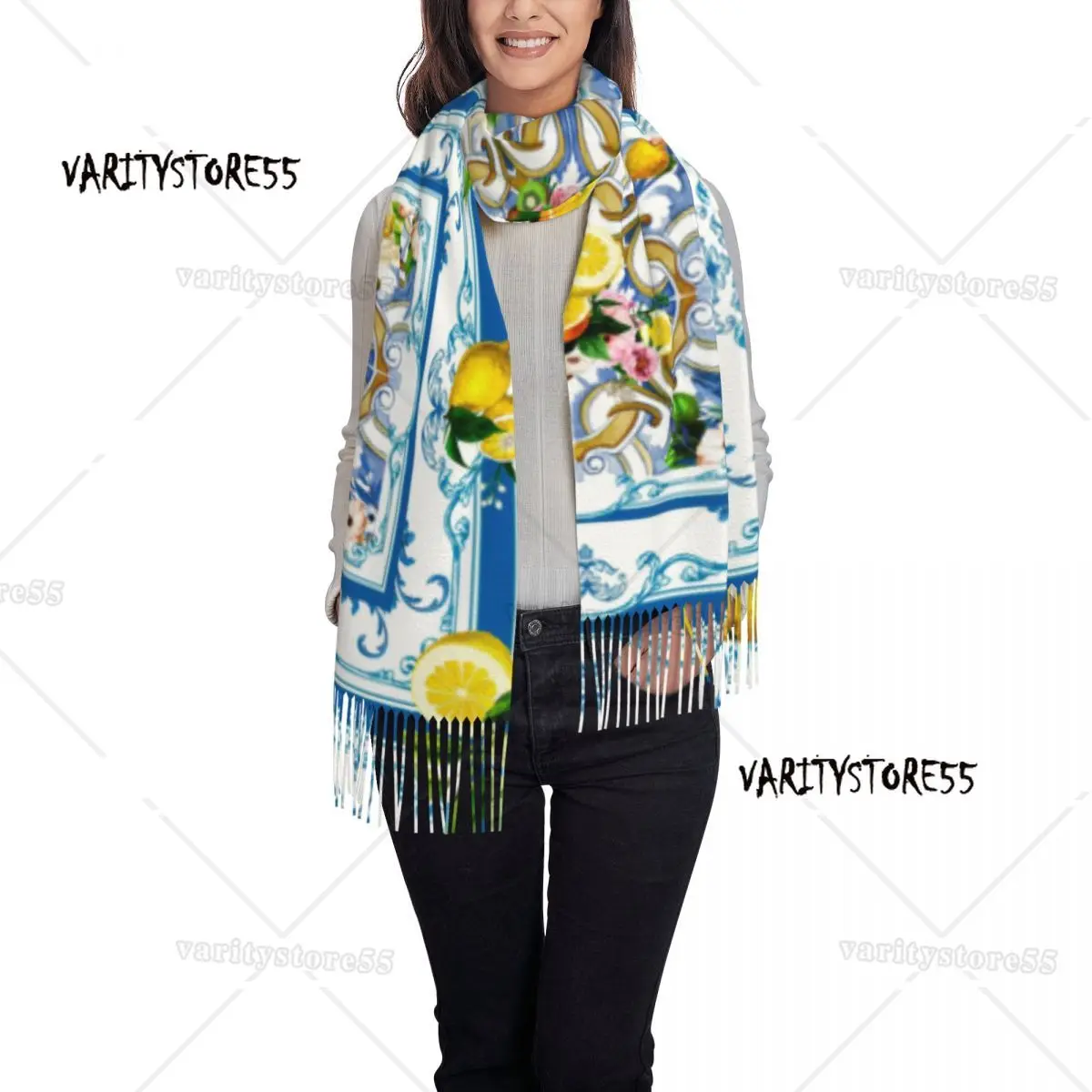 Custom Mediterranean Summer Fruit Lemons Tiles Tassel Scarf Women Winter Fall Warm Shawl Wrap Lady Scarves