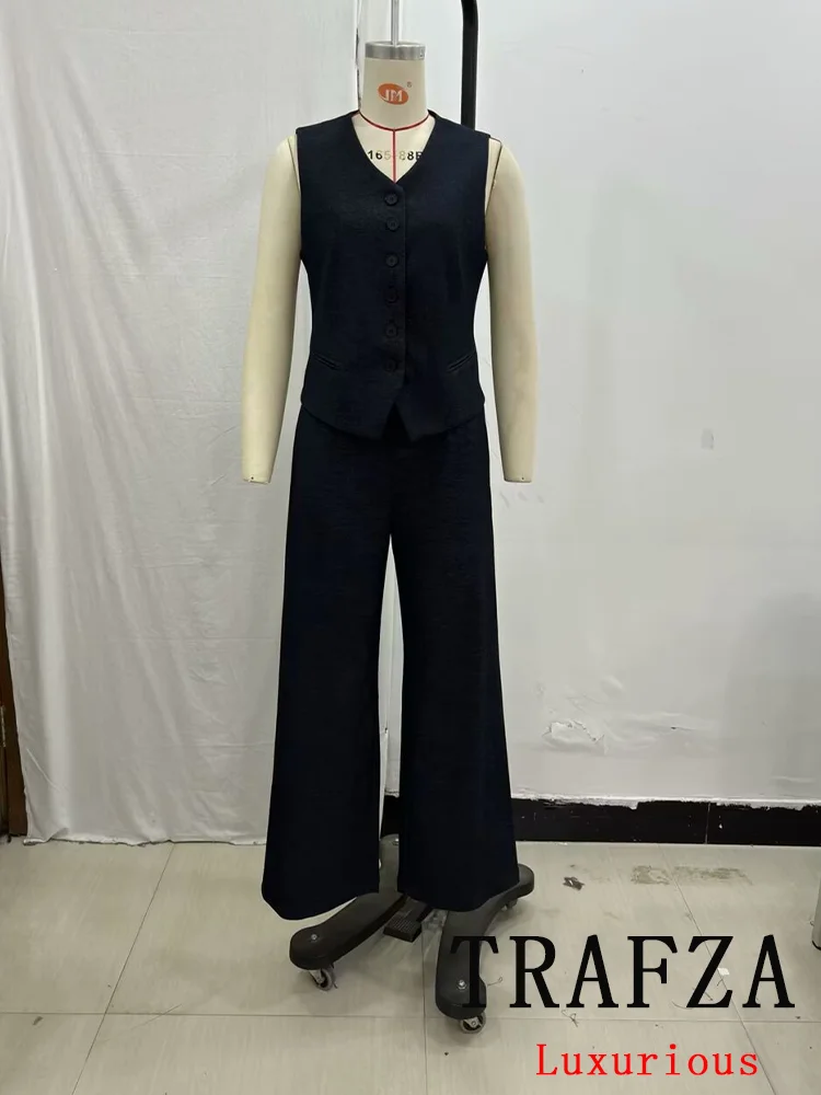 TRAFZA Vintage Casual Chic Solid Women Suit VNeck Short Single Breasted Top Loose Long Zipper Pants New Fashion 2024 Autumn Suit