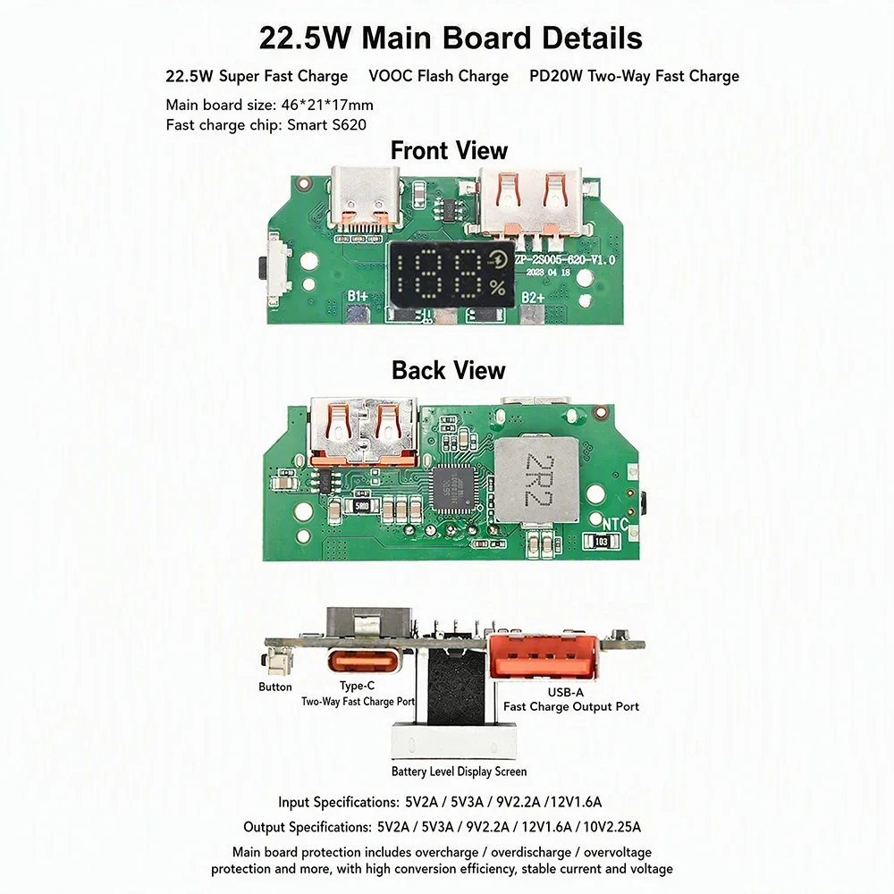 Superschnelles Laden 22,5W Powerbank DIY-Kit Tragbares lötfreies Gehäuse mit Digitalanzeige für 21700-Batterien – Detail 13