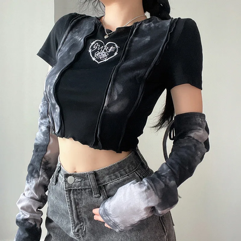 Korean Style Streetwear Y2k Kpop Crop Tops Women Vintage Chic Tie Dye Print T Shirts Summer Harajuku Aesthetic Tee +Oversleeve