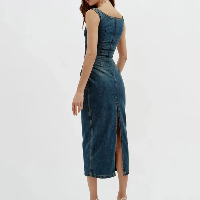 فستان نسائي من الدنيم المغسول، فستان طويل بقصة ضيقة بدون أكمام ورقبة مستقيمة، فستان رسمي من القطن الخالص عالي الجودة، 2025، جديد