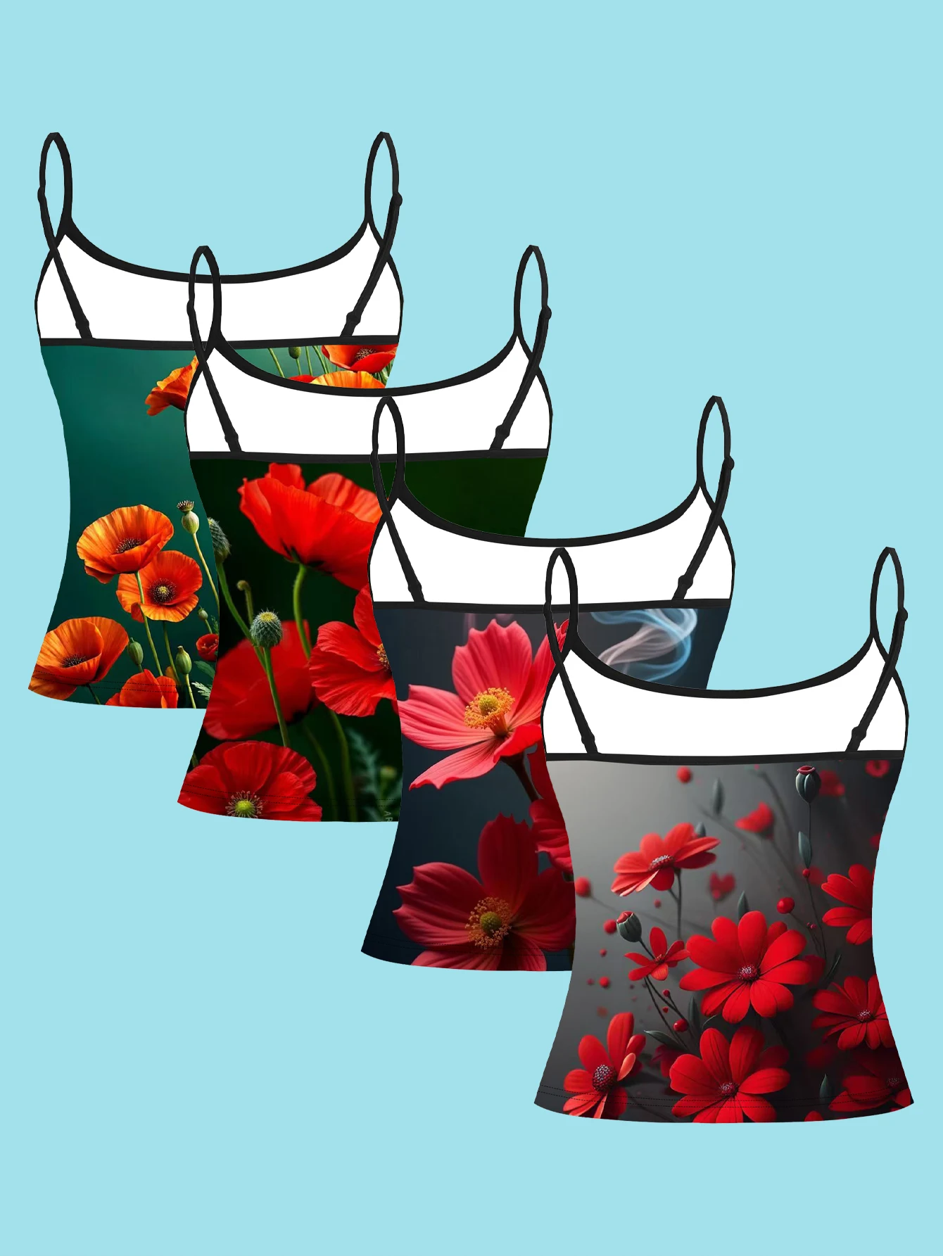 Women's 4-Piece Printed Camisole Set: Dark Green with Orange-Red Poppies, Deep Green with Giant Red Poppies, Dark Background with Smoky Red Flowers, Gray-Toned Background with Red Poppy Flower Cluster Pattern, Slim-Fit Sleeveless Outerwear Base Layer Top