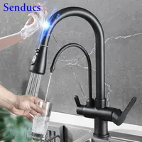 Black Touch Filter Kitchen Faucet with Pull Down Sprayer 3 Ways Pull Out Kichen Faucets Brass Hot Cold Sensor Touch Kitchen Tap