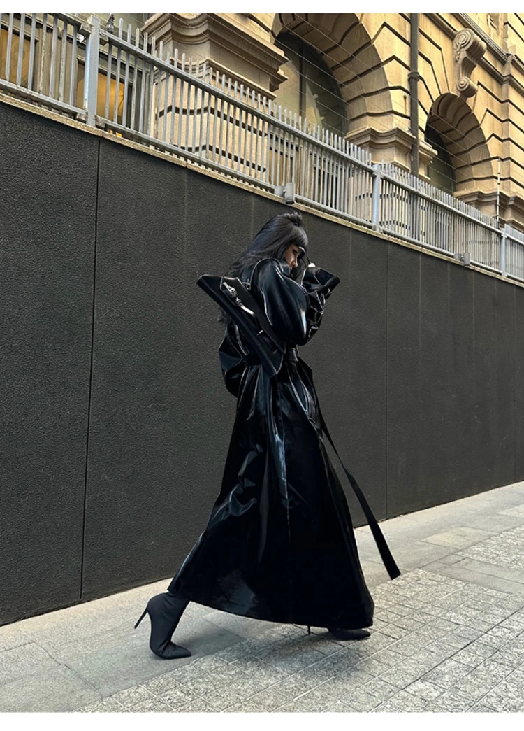 Lautaro Spring Autumn Extra Long Oversized Cool Reflective Shiny Black Patent Leather Trench Coat for Women Belt Runway Fashion