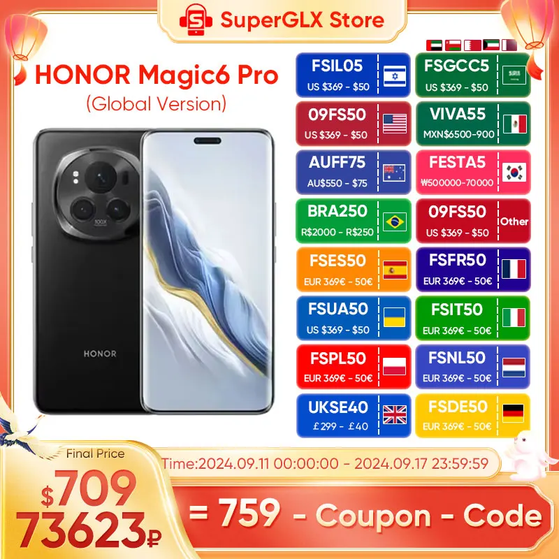 2024 new Global Version HONOR Magic6 Pro Snapdragon 8 Gen 3 6.8'' Quad-Curved Floating Screen 180MP Periscope Telephoto Camera