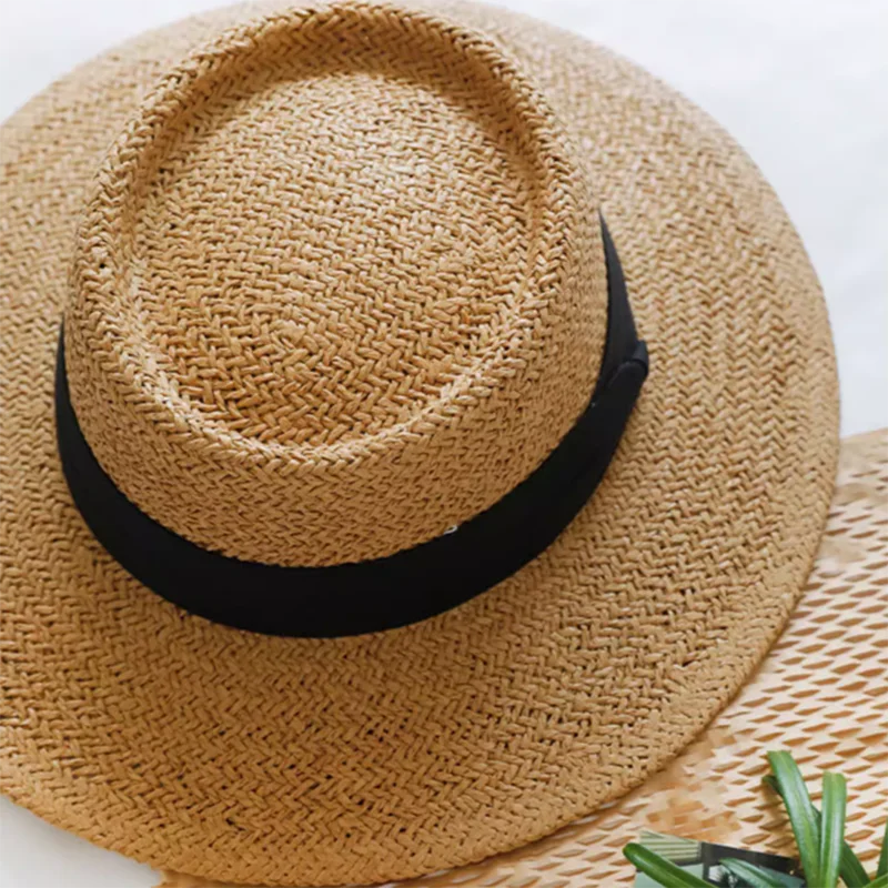 Luna&Dolphin French Style Women Summer Sun Beach Flat Straw Hat Khkai Vacation Panama Straw Woven Small Top Hat White Ribbon