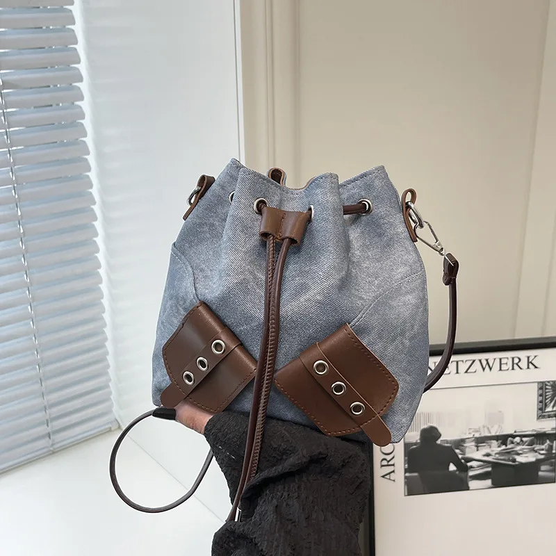 

New High-end Drawstring Bucket Bag Chic Fashion underarm Pouch Denim Patchwork Tote shoulder bag stylish commuter crossbody bag
