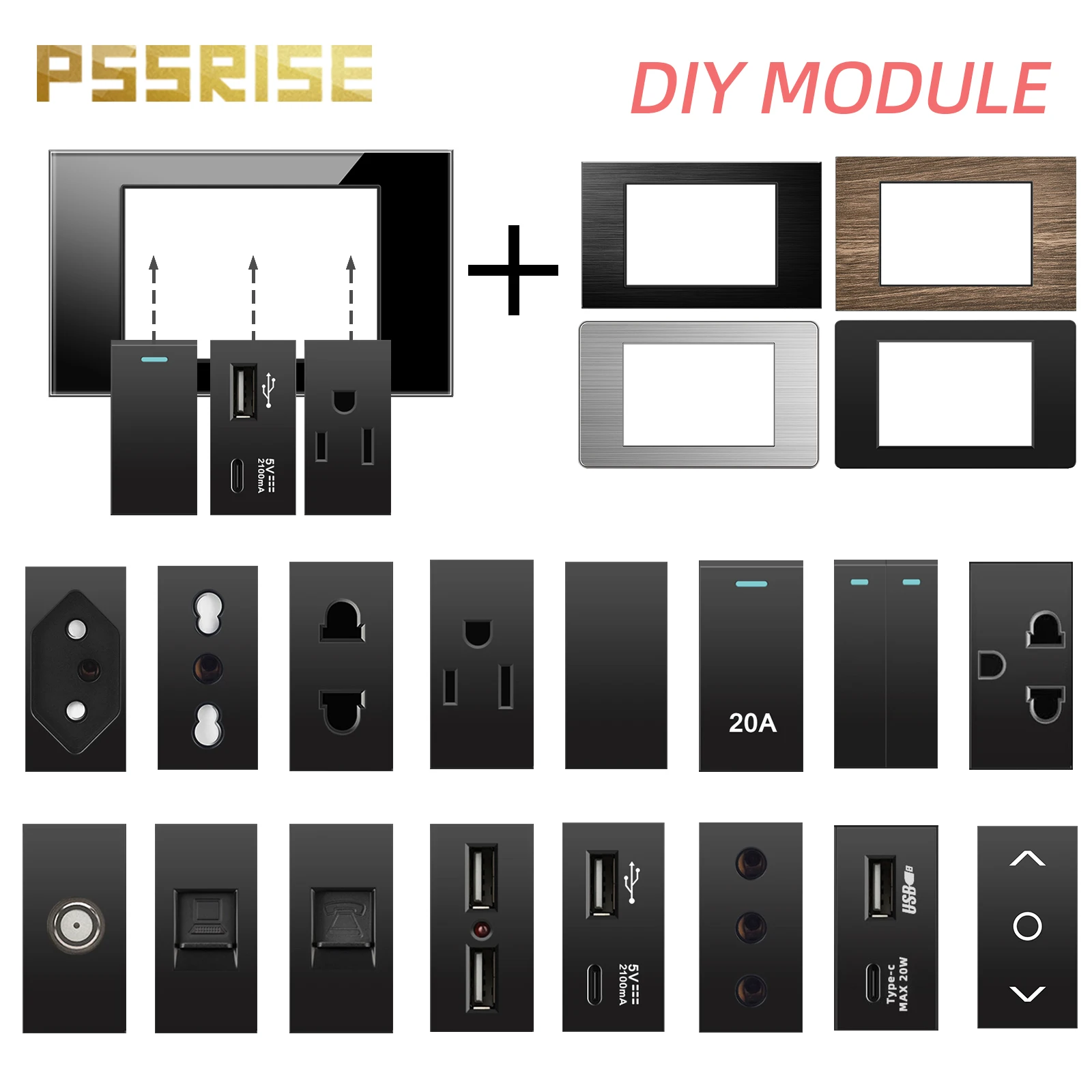 

PSSRISE Brazil Italy US EU standard Free combination black DIY 1/3 module switch socket Schuko socket Double USB TypeC TV Parts