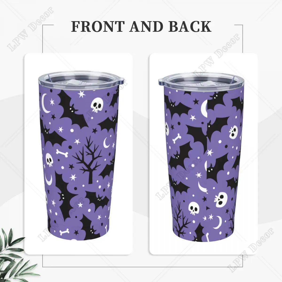 Bat Moon Skull Tree Insulated Tumbler with Straws and Lid Halloween Stainless Steel Travel Thermal Cup 20 Oz Office Home Mug Cup