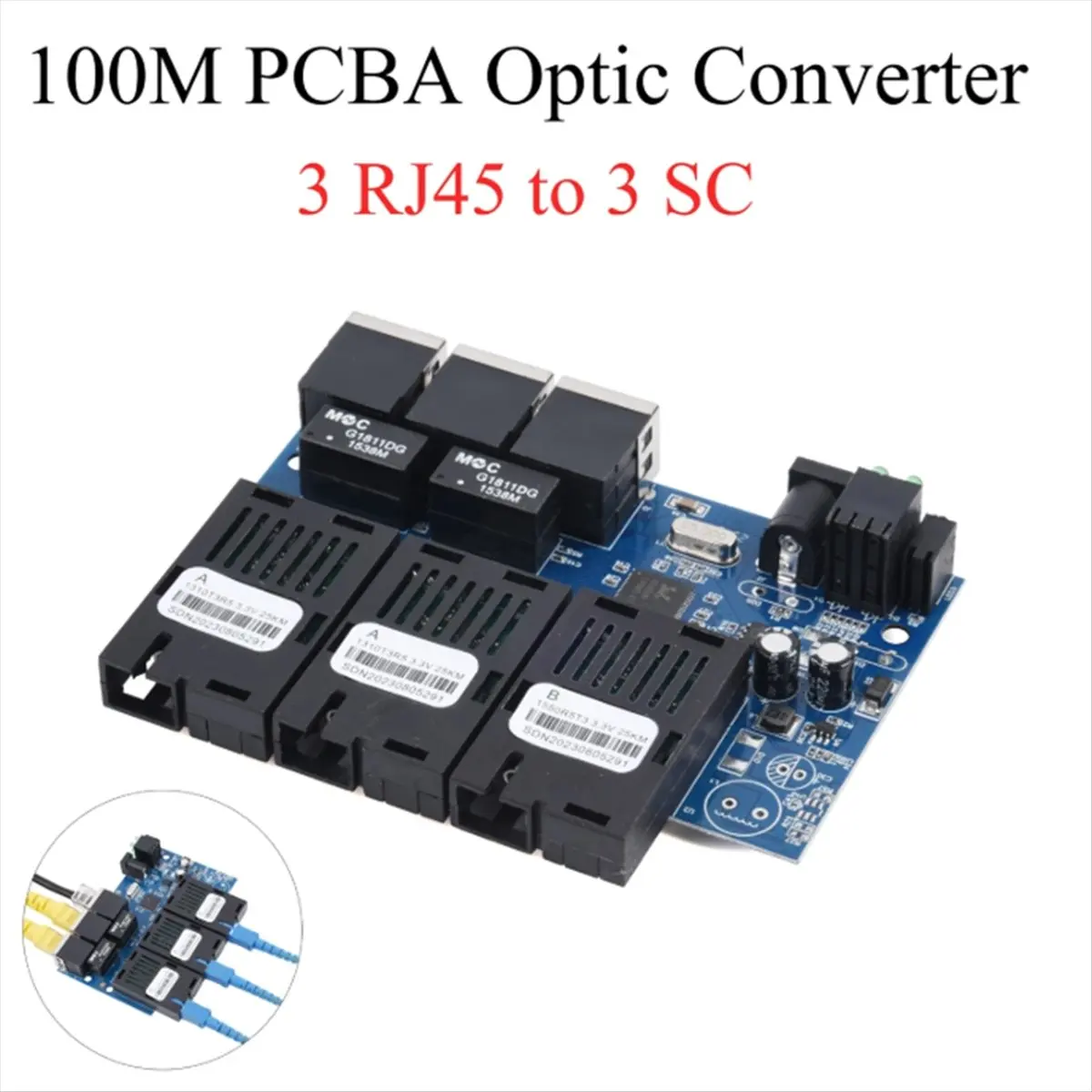 100M PCBA Board Fiber Optic Media Converter 3 RJ45 to 3 SC Optic Connector 20KM Ethernet Switch 1310nm/1550nm 2A+1B Port