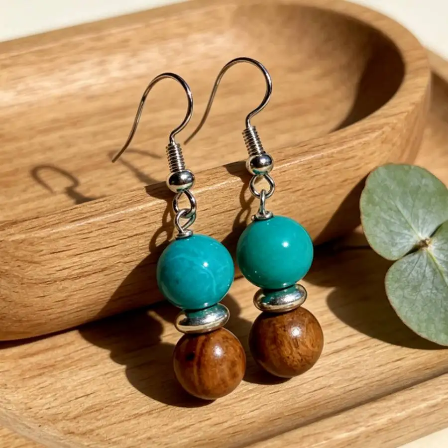 Handmade Bohemian Turquoise Wood Bead Dangle Earrings Silver Hook Vintage Ethnic Stacked Drop Earrings For Women