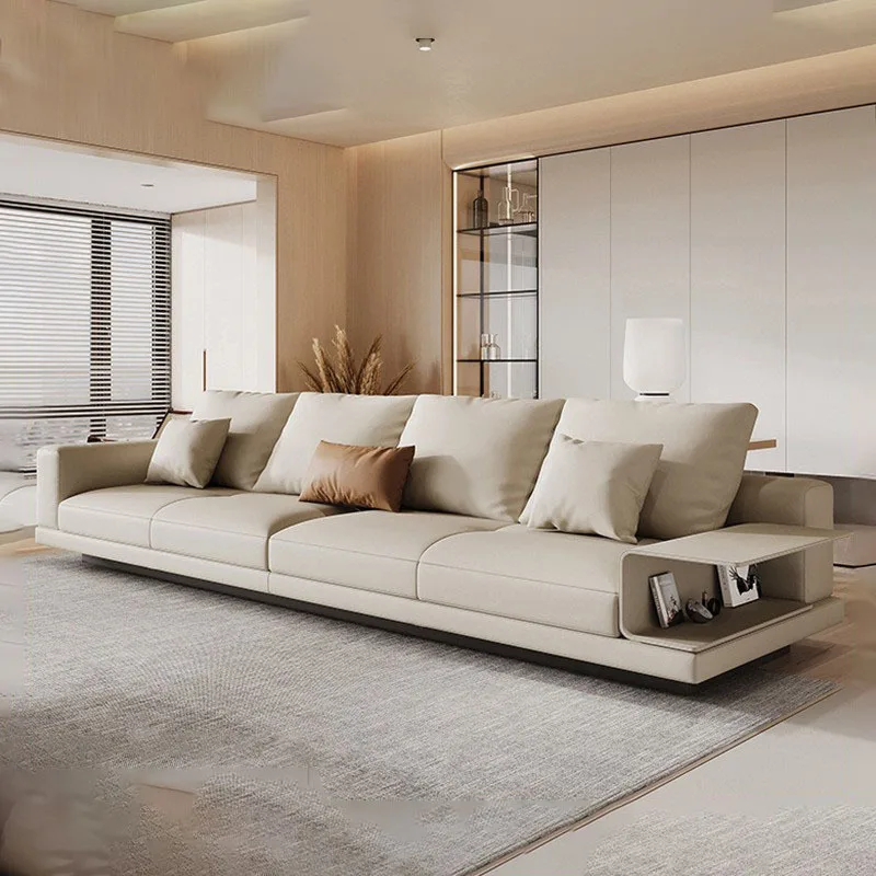 Cream style leather sofa modern high-end villa design large flat floor living room inline sofa