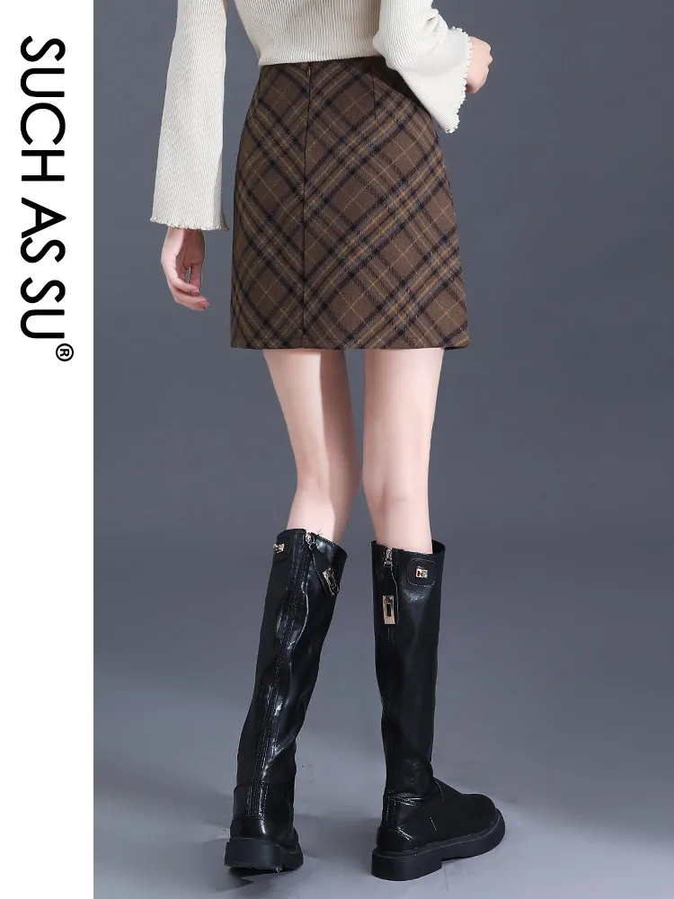 SUCH AS SU Womens A Line Skirts 2024 Fashion Autumn/Winter Woolen Grey Plaid Brown Plaid S-XXXL Female Mini Skirt Female 3249