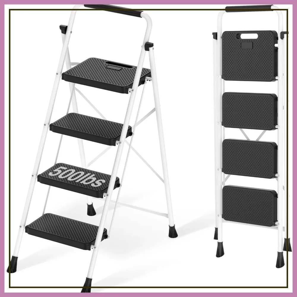

4-Step Steel Folding Step Stool, Portable Anti-Slip Pedal & Handgrip, Sturdy White Ladder