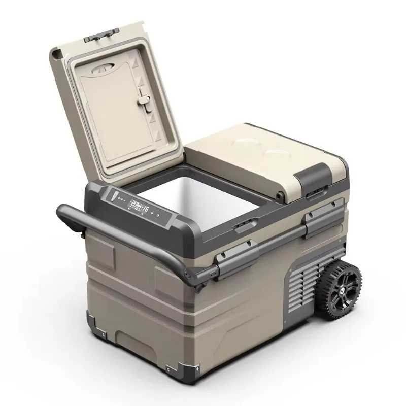 ثنائي المنطقة 12 فولت/24 فولت ضاغط ثلاجة السيارة المحمولة الثلاجة الفريزر مع عجلات ومقبض التبريد الألومنيوم