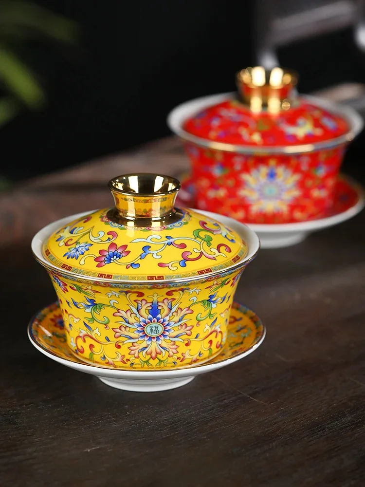 Tea Bowl Round Handmade Ceramic Enamel with Lid Household Single Bone China 260ml Palace Style Set Gift Box  Desktop Decoration