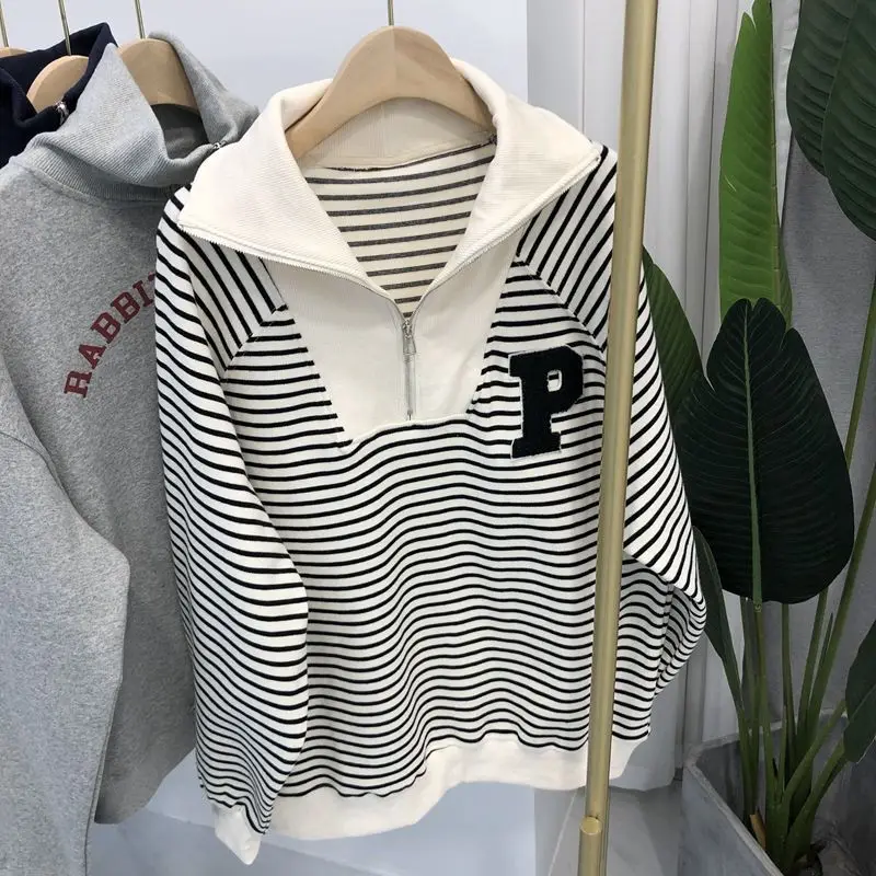 Female Casual Striped Long Sleeve Sweatshirts Autumn Winter All-match Zipper Spliced Stand Collar Pullovers Women\'s Clothing