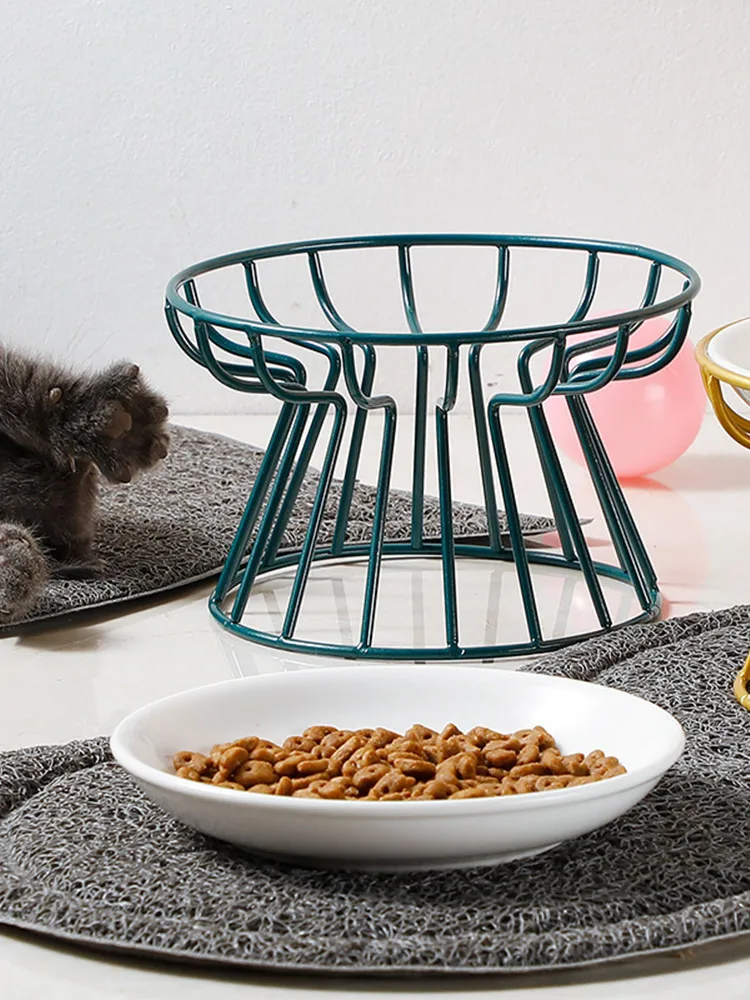 1 Set Ceramic Bowl High Footed Ceramic Cat Food Bowl Pet Iron Frame Food Snacks Anti-Black Spine Anti-Turning Water Easy To Eat