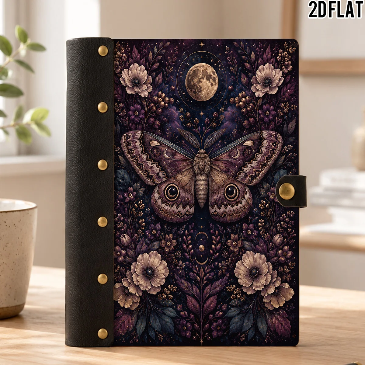 1PC 2DFlat Wooden Notebook, Hardcover Celestial Moth Purple Floral Moon Wood Print, 100 Pages With Leather Rivet Craft Decoratio