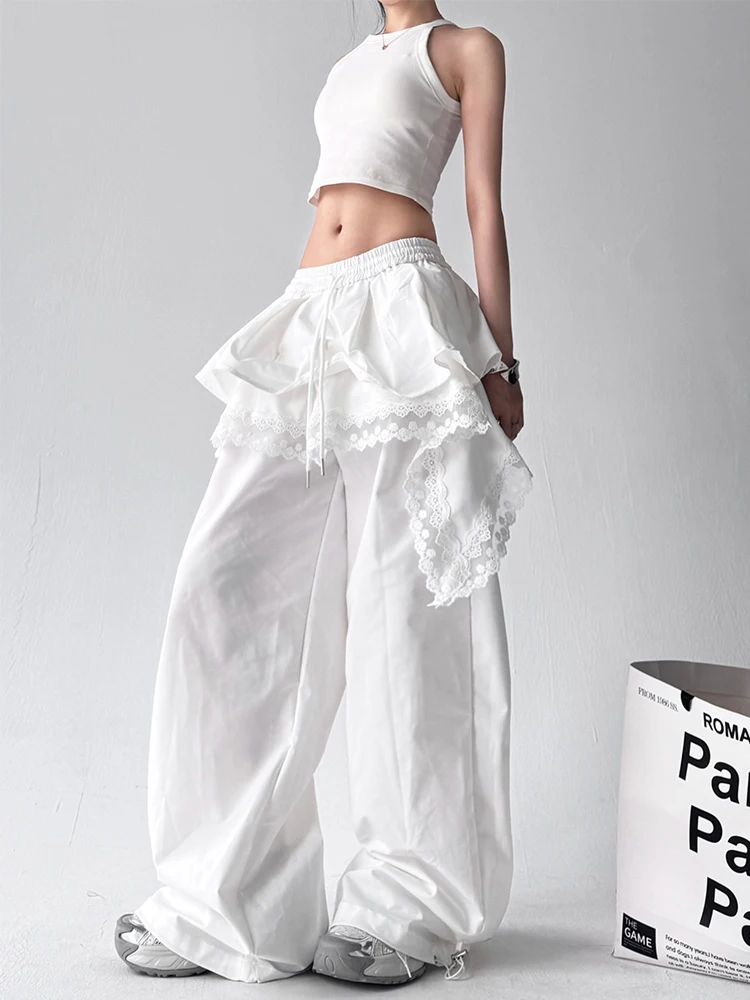 

Trendy Lace Trim Wide Leg Casual Pants Women's Loose Fit Summer New Sle High Waist Long Pants Polyester Cotton Blend