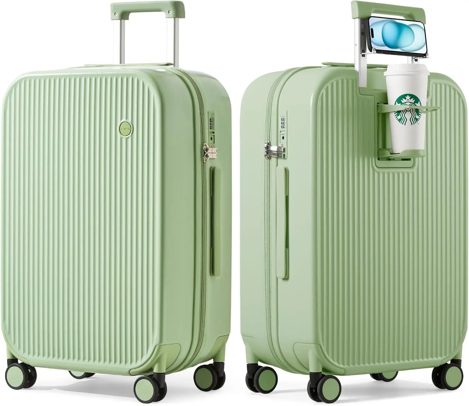 Checked Luggage with Cup Phone Holder Hard Shell Rolling Travel Suitcase with Spinner Wheels,26 Inch Avocado Green