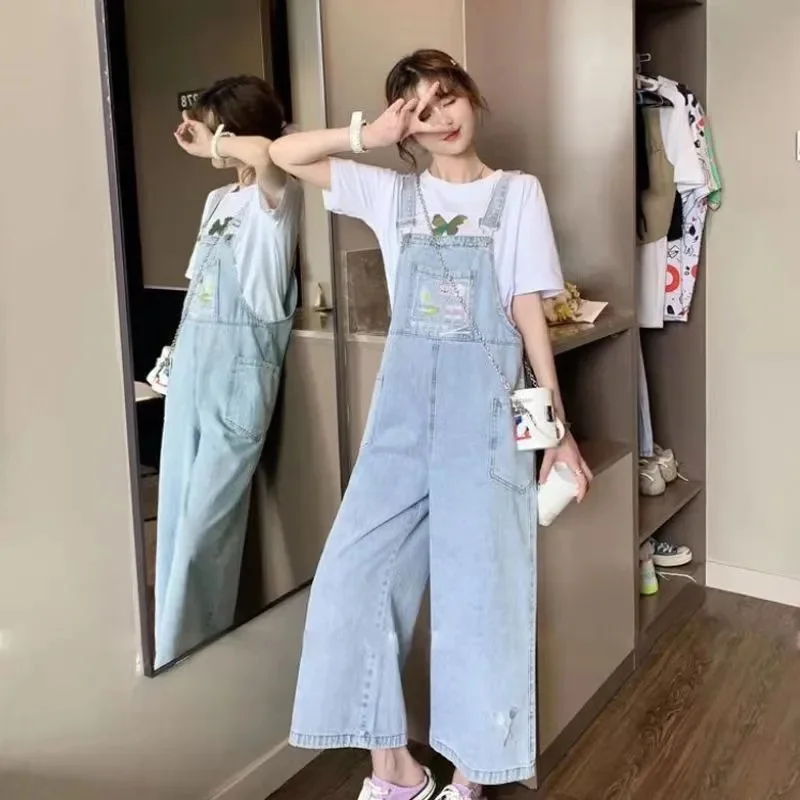 2023 High Waist Denim Strap Pants Women's Summer Straight Work Suit Wide Leg Pants Loose Drop Fit One Piece Pants Casual Pants