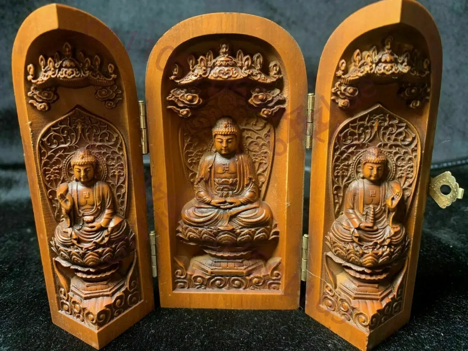 Collect Japanese Netsuke Old Boxwood Carved Three Open Buddha Box Statue Decor
