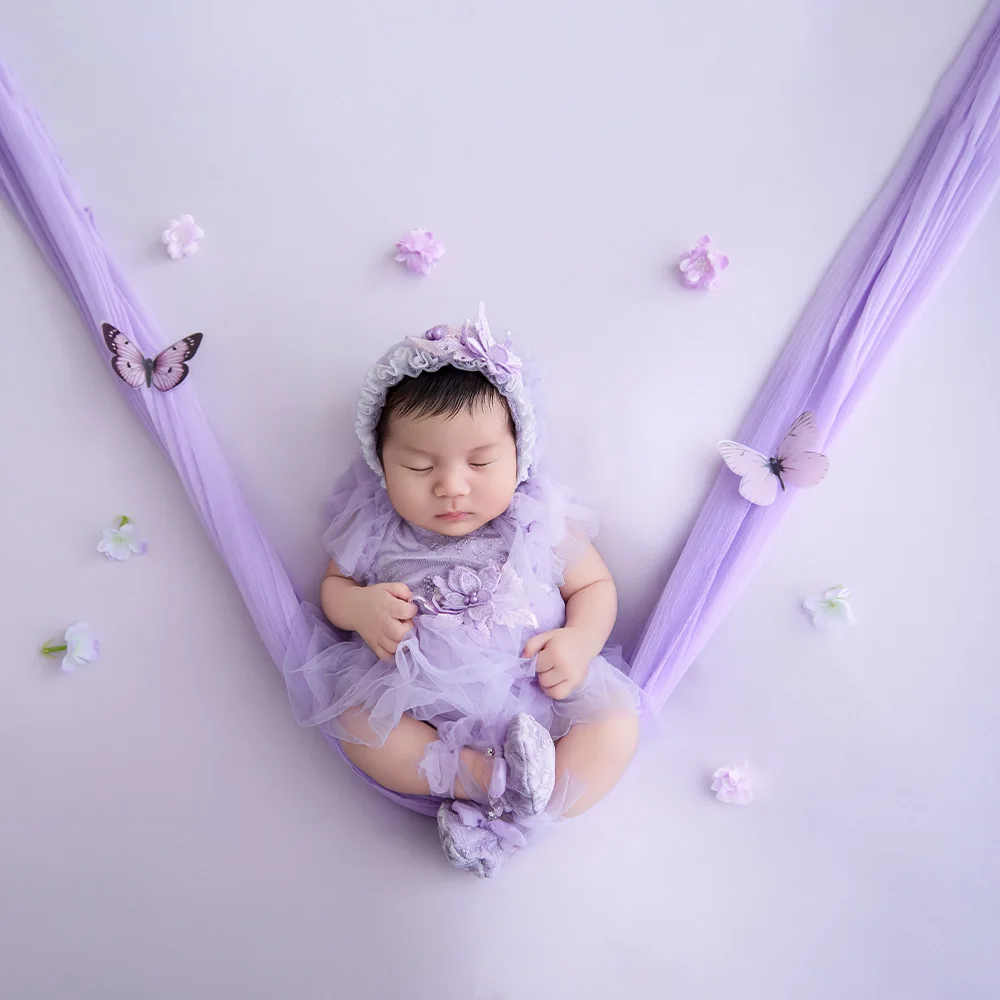 Newborn Photography Props Baby Girl Purple Tulle Dress+pearl Lace Bonnet+socks Set Butterfly Props for Studio Photo Accessories