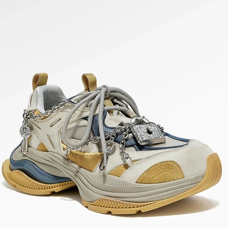 

Genuine Leather Retro Thick Soled Daddy Shoes Women's Metal Chain Lock Design Trendy Height Increasing Shoes Casual Sports Shoes