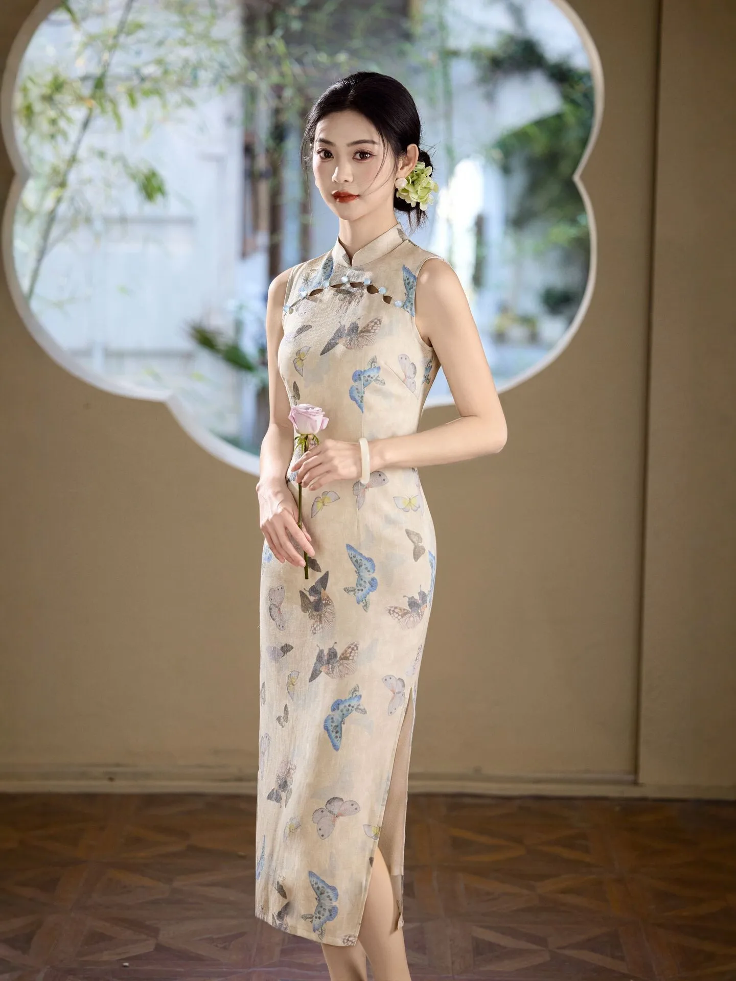 

Новое улучшенное женское длинное приталенное повседневное платье-ципао в китайском стиле, ретро-ципао с новым принтом бабочек