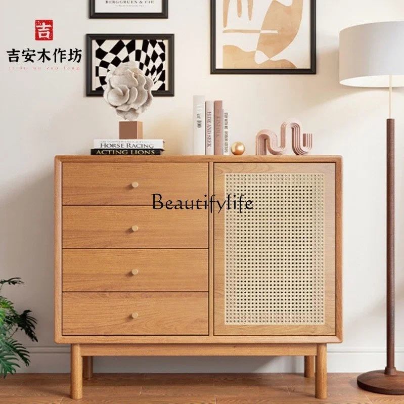 Y Nordic Solid Wood Rattan Sideboard Cabinet Simple Wood Grain Locker Living Room Wall Multi-Layer Storage Cabinet