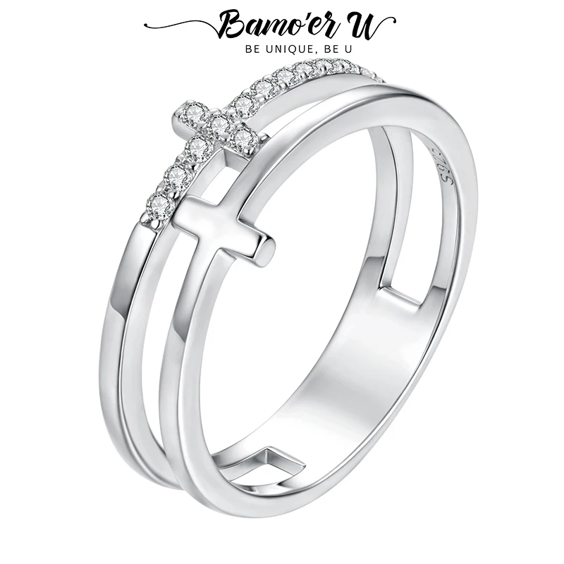 Bamoer U Double Cross Moissanite Ring Stacking Band Ring D Color VVS1 Lab Diamond for Woman Original Wedding Faith Love Gift