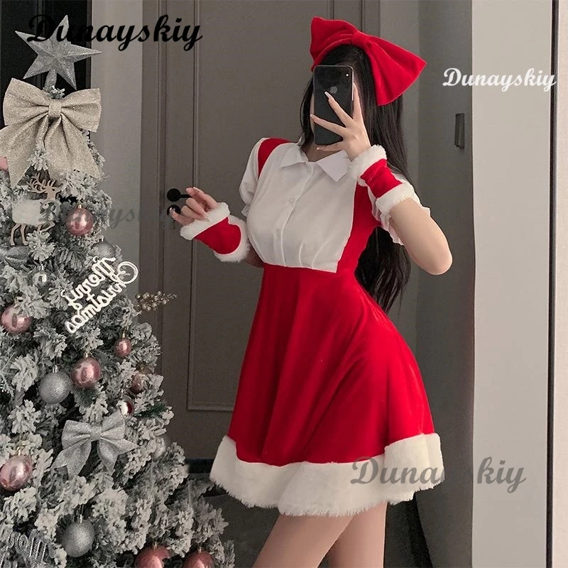 Disfraz de niña conejo Sexy de Navidad para mujer, bata de Papá Noel, traje de uniforme, vestido rojo de Navidad, lencería erótica, traje de pijama