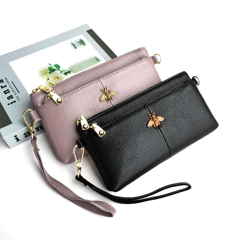 

Leather Women Clutch Wallets Bee Zipper Purse Long Coin Purses Cell Phone Pocket Cowhide Wristband Card Wallet Ladies Money Bag