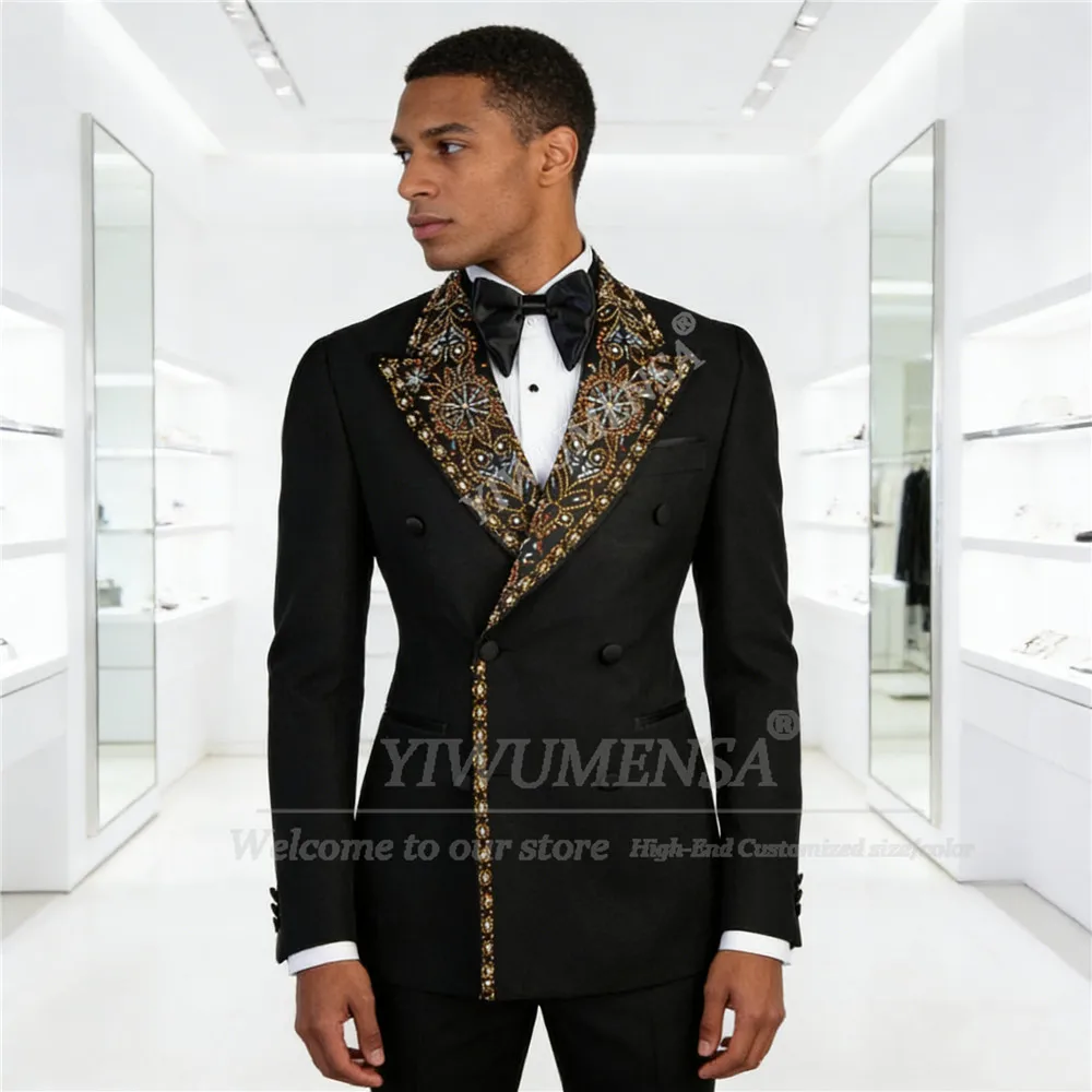 

Мужской модный костюм с кристаллами и бисером, двубортный пиджак и брюки, комплект из 2 предметов, смокинг для жениха, индивидуальный пошив, наряд для банкета