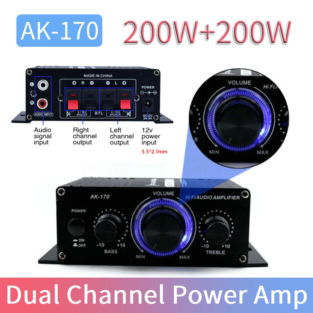 

Усилитель мощности AK-170 Pro, беспроводной, Bluetooth-совместимый, Hi-Fi аудиоусилитель 200Вт+200Вт, 2-канальный, с входом RCA