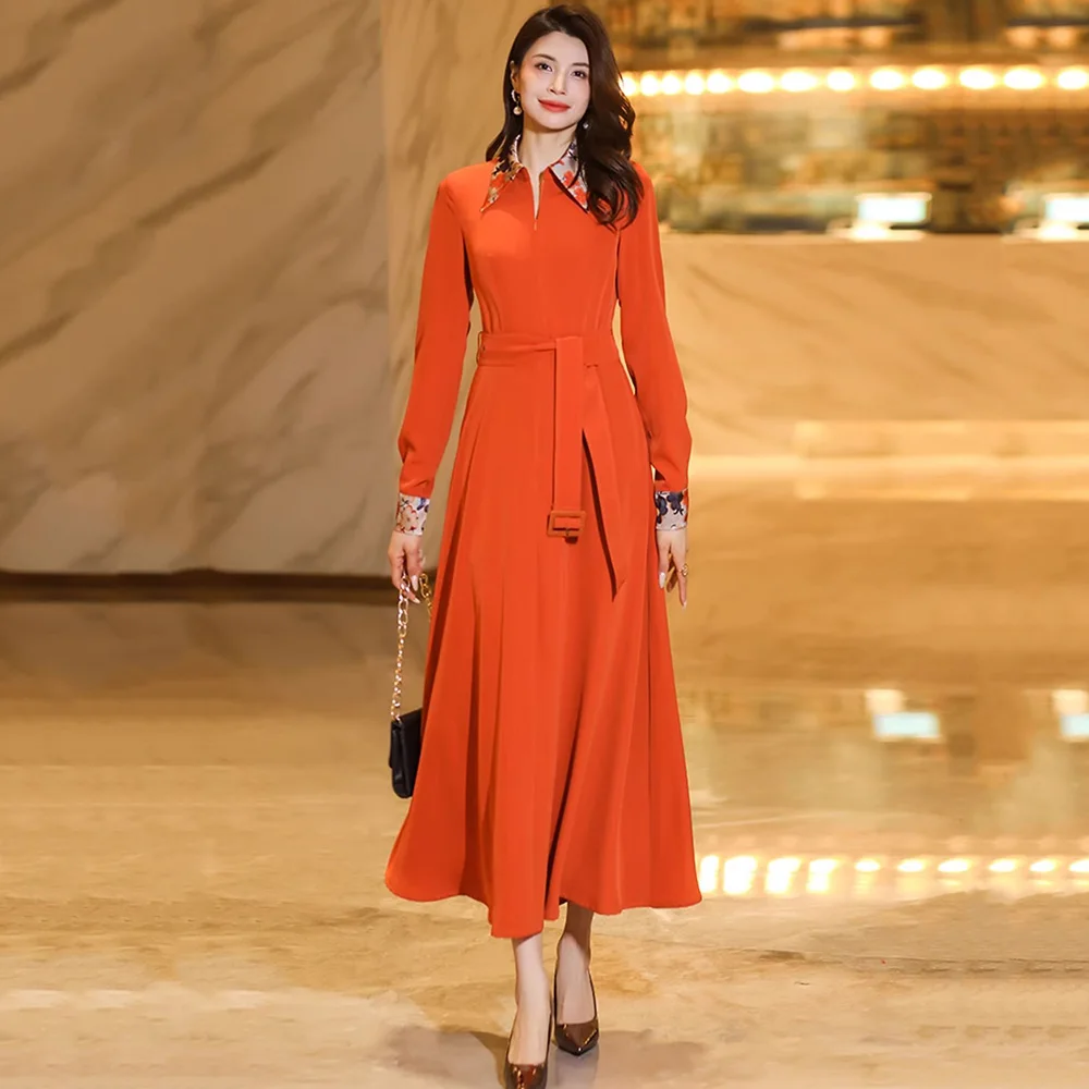 New Women Spring Autumn Mid-Calf Dress Fashion Print Patchwork Long Sleeve Slim Dress Elegant Exquisite Orange red Long Dress