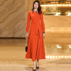 New Women Spring Autumn Mid-Calf Dress Fashion Print Patchwork Long Sleeve Slim Dress Elegant Exquisite Orange red Long Dress