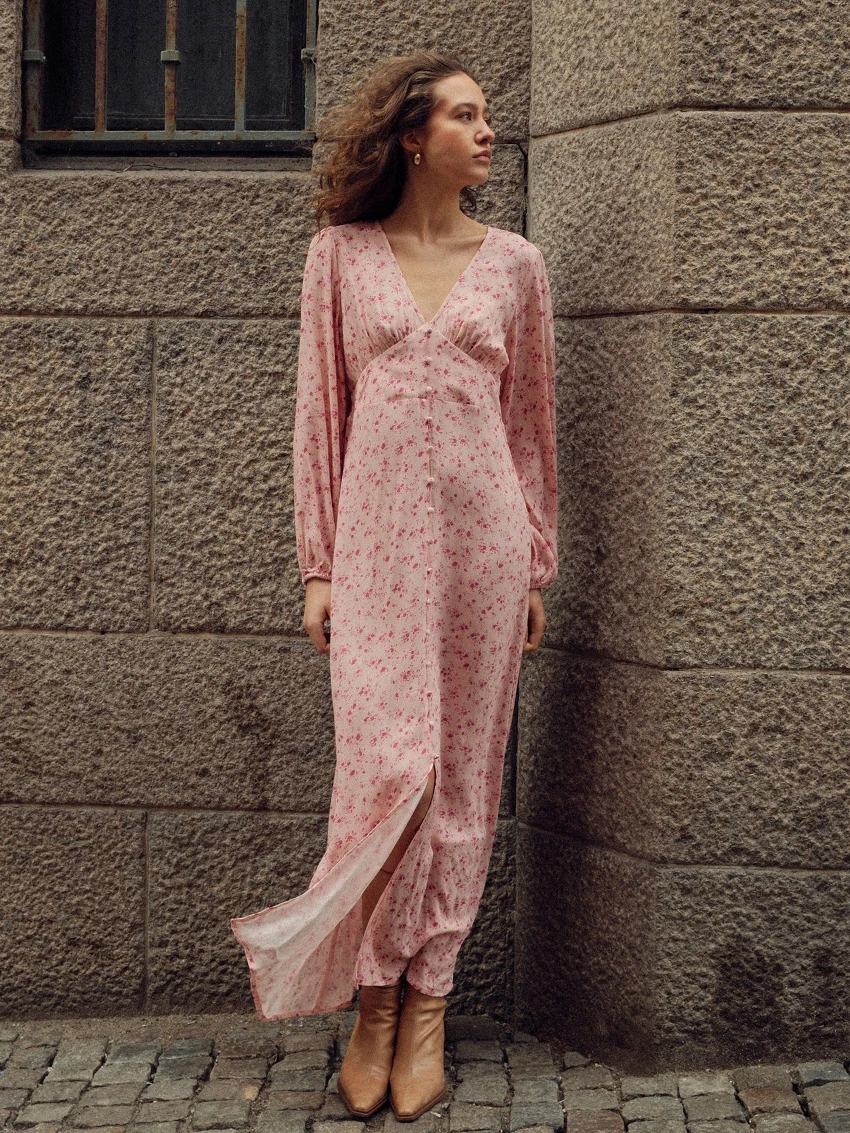 

Marthaqiqi Winter Women Nightgown Sexy V-Neck Sleepwear Long Sleeve Nightwear Fashion Ankle-Length Dress Printing Ladies Nightie