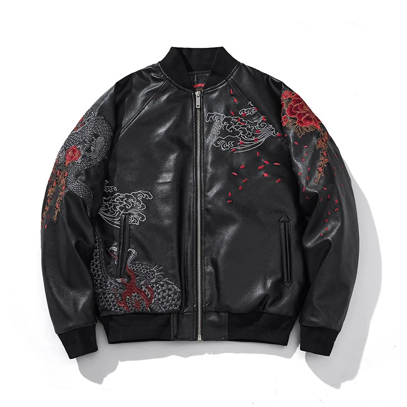 

Dragon Embroidered PU Leather Jacket, Heavy Duty 3-Dragon Design Bomber Coat for Men, Streetwear Baseball Collar Outerwear