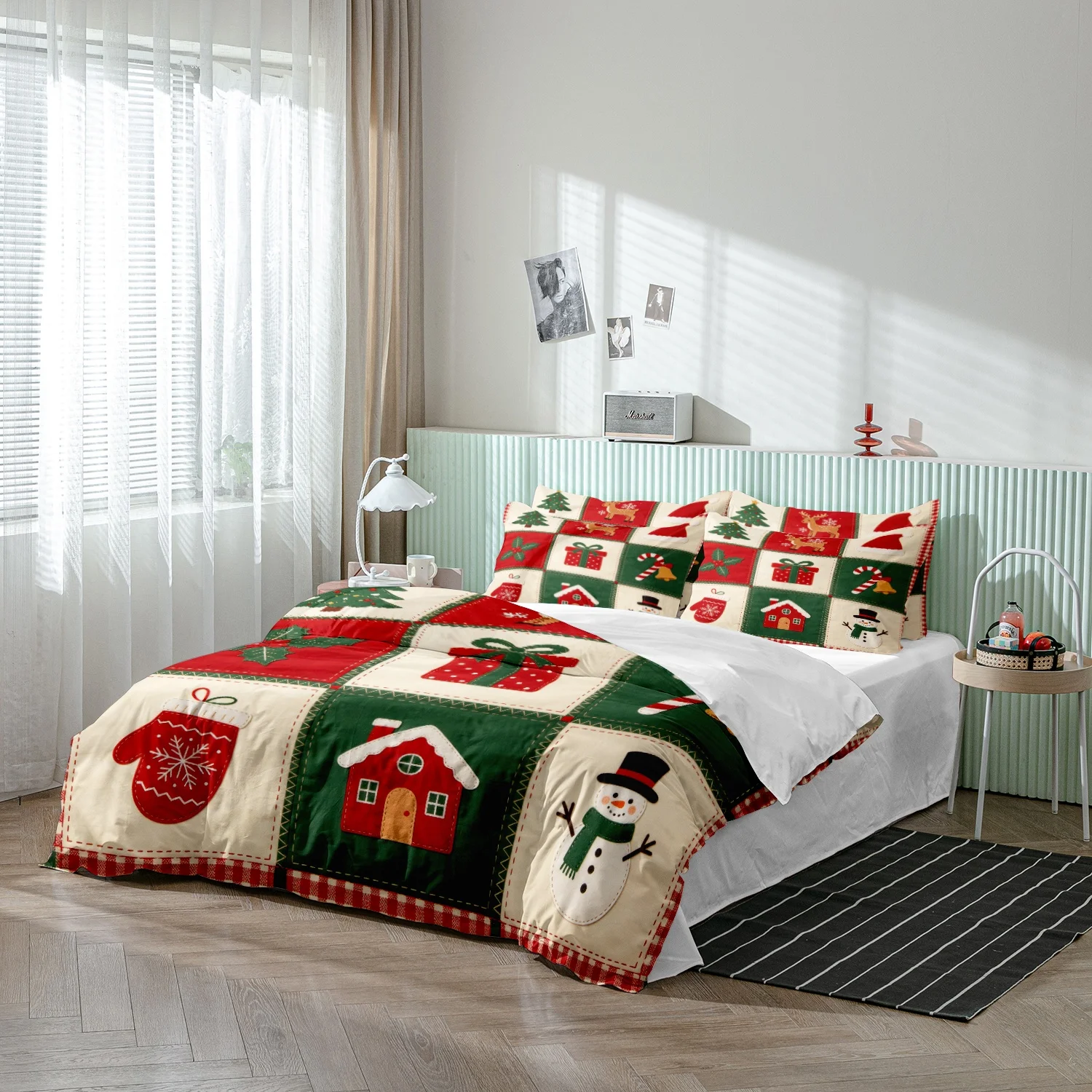 3Pcs Geometry Christmas Print Duvet Cover Set, Red Green Plaid Grid with Snowman Gift Box Candy Cane and Holly Print Bedding