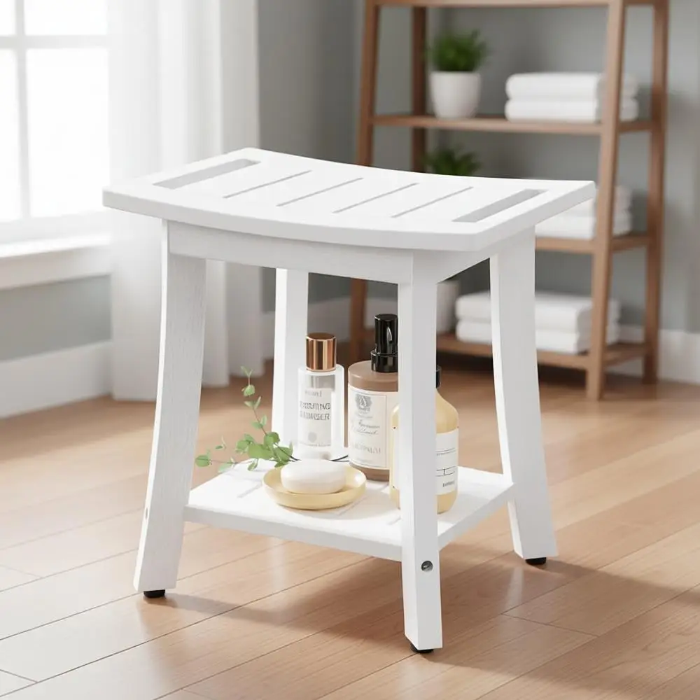 

Shower Bench with Storage Shelf and Adjustable Feet, Suitable for Indoor and Outdoor Use, White