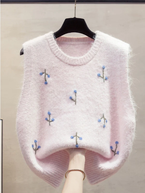 Ladies' round Neck Embroidered Flower Vest Sweater Sleeveless Top Layering Style Fashion Design Autumn Winter New Arrival